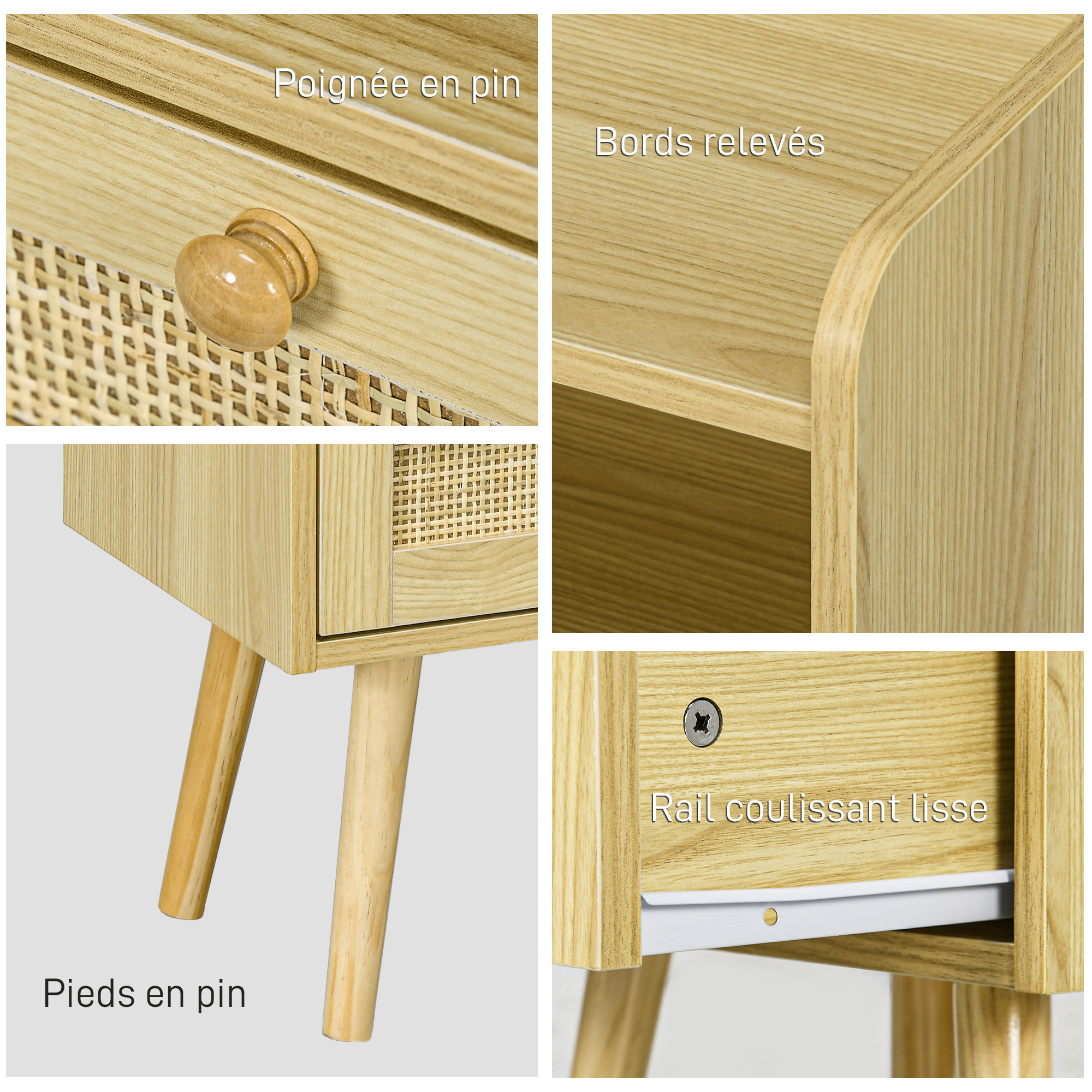 Lot de 2 chevets tables de nuit style bohème cannage - tiroir, niche - bois de pin effet bois clair