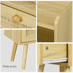 Lot de 2 chevets tables de nuit style bohème cannage - tiroir, niche - bois de pin effet bois clair