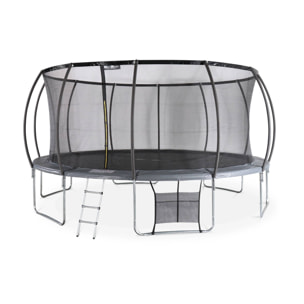 Trampoline rond Ø 490cm gris avec filet de protection intérieur - Jupiter Inner XXL - échelle. bâche. filet pour chaussures et kit d'ancrage 4.90m 490 cm