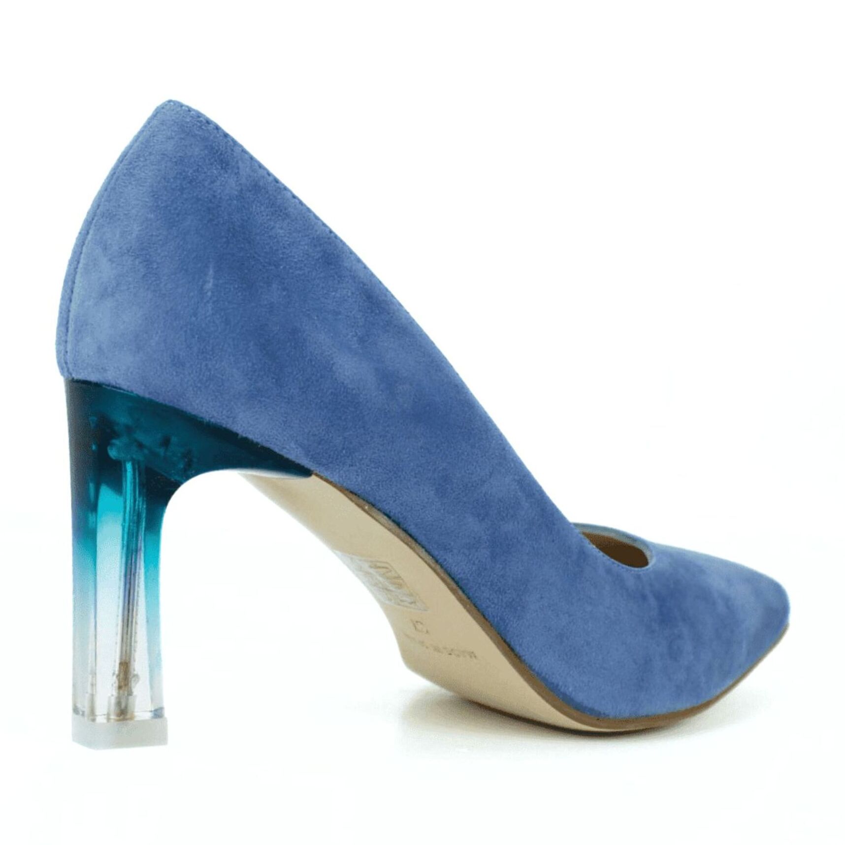 Salón en color azul con tacón en metacrilato combi. Tacón 7 cm
