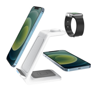 Stazione di ricarica 3 in 1 da 15w. Base di ricarica wireless Qi per 2 smartphone, auricolari e Apple Watch.