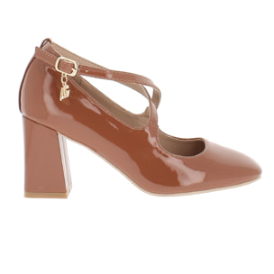 Marina Galanti Scarpe Donna Square Toe Patent Mary Jane Cross Straps Block Heel 70 MG W24A080 Camel