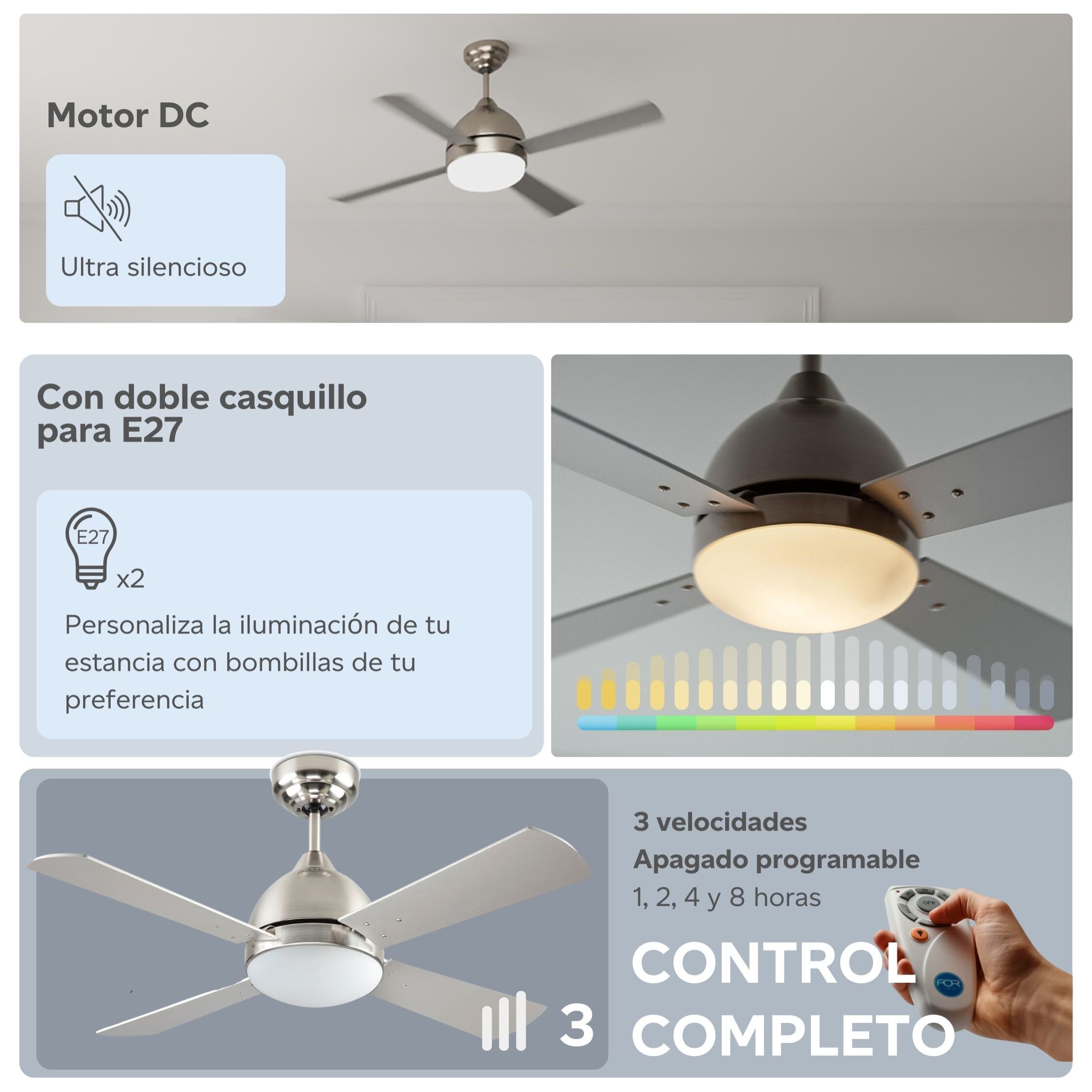 Forlight Ventilador IP20 Borneo E27 15W Niquel Santinado Blanco