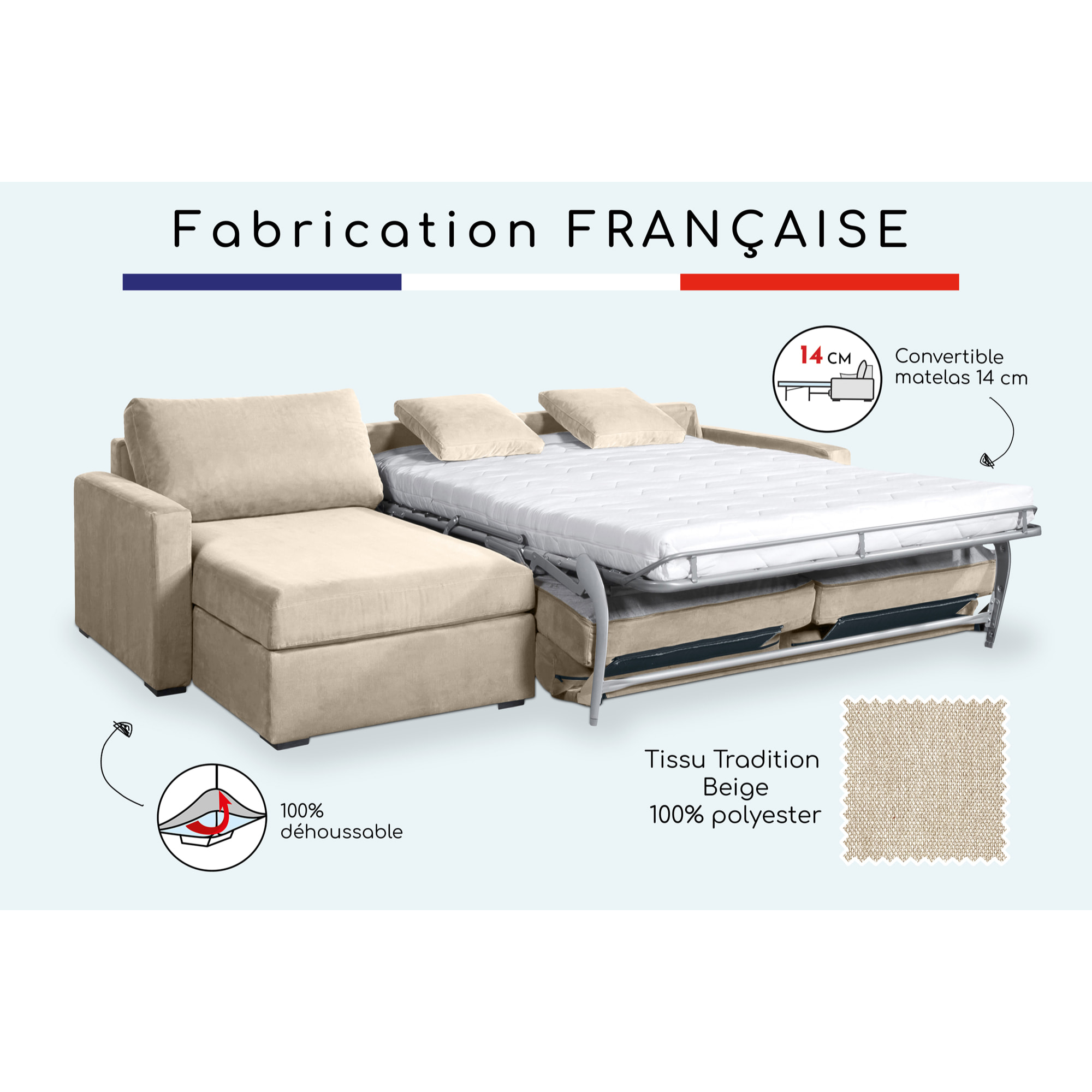 Canapé d'angle convertible 14 cm LYS 260x160 cm Tradition Beige - Fabriqué en France