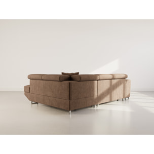 Baoji - Canapé d'angle droit 5 places convertible avec têtières et coffre en velours côtelé - Marron