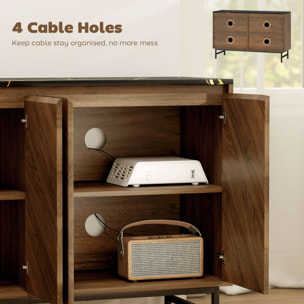 Meuble TV 120 cm, pour téléviseur jusqu'à 55 pouces avec 4 portes, plateau effet marbre, étagères réglables et pieds en acier