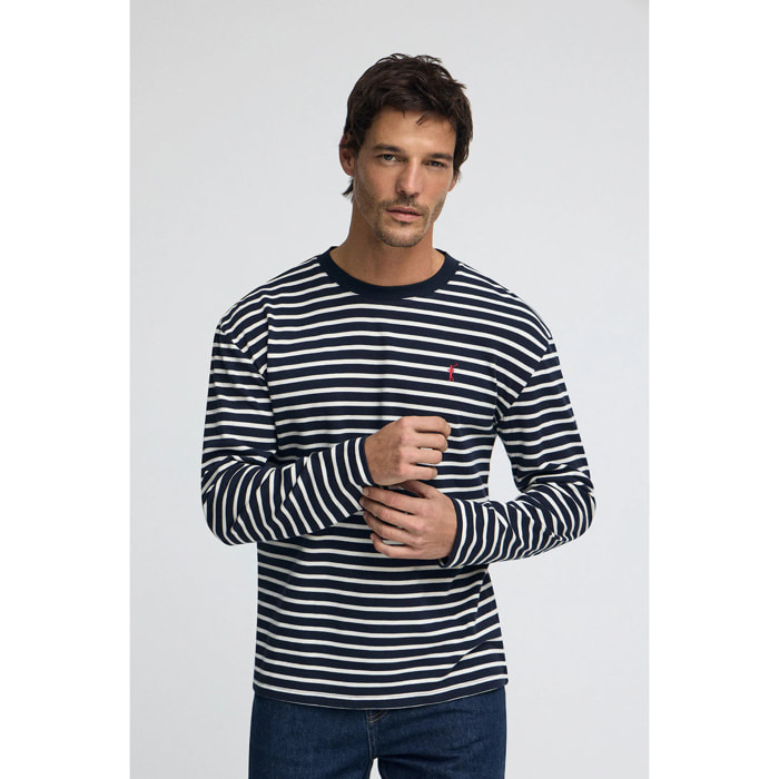 Maglietta a righe blu marino ed ecrù con logo ricamato Rigby Go