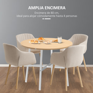 Mesa de Comedor Redonda para 4 Personas Mesa de Cocina Moderna con Patas de Acero para Salón Oficina Ø80x76 cm Natural y Blanco