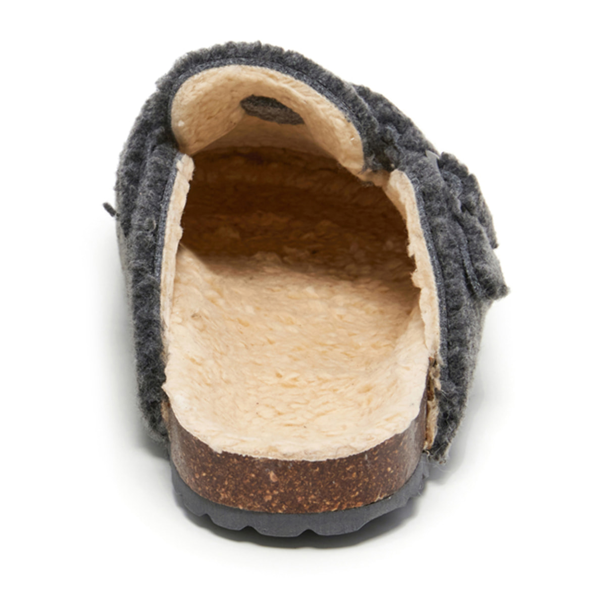 Zueco de borreguito con hebilla rectangular. BABUNKERS GRIS