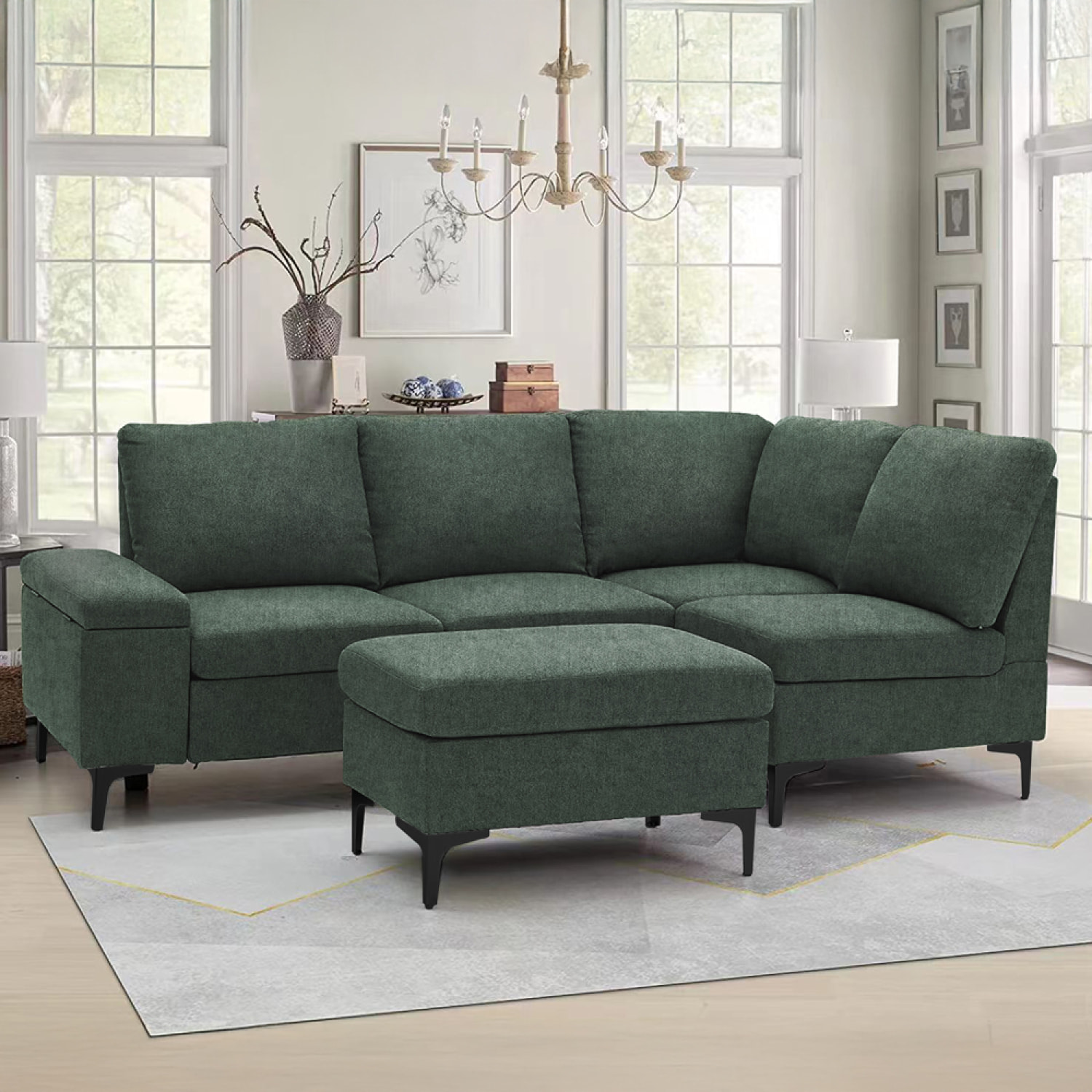 BRADLEY Canapé d'angle 4/5 places en tissu chenille vert avec pouf