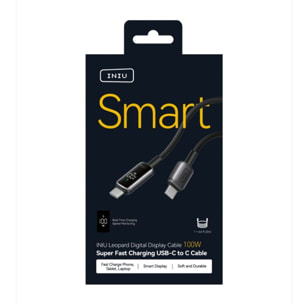 Câble de charge INIU vers USB-C 100W affichage digital noir
