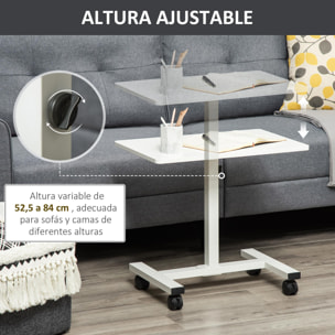 HOMCOM Mesa Auxiliar con Ruedas Mesita Lateral para Sofá Cama con Altura Ajustable Marco de Metal y Frenos para Dormitorio Salón 60x40x52,5-84 cm Blanco