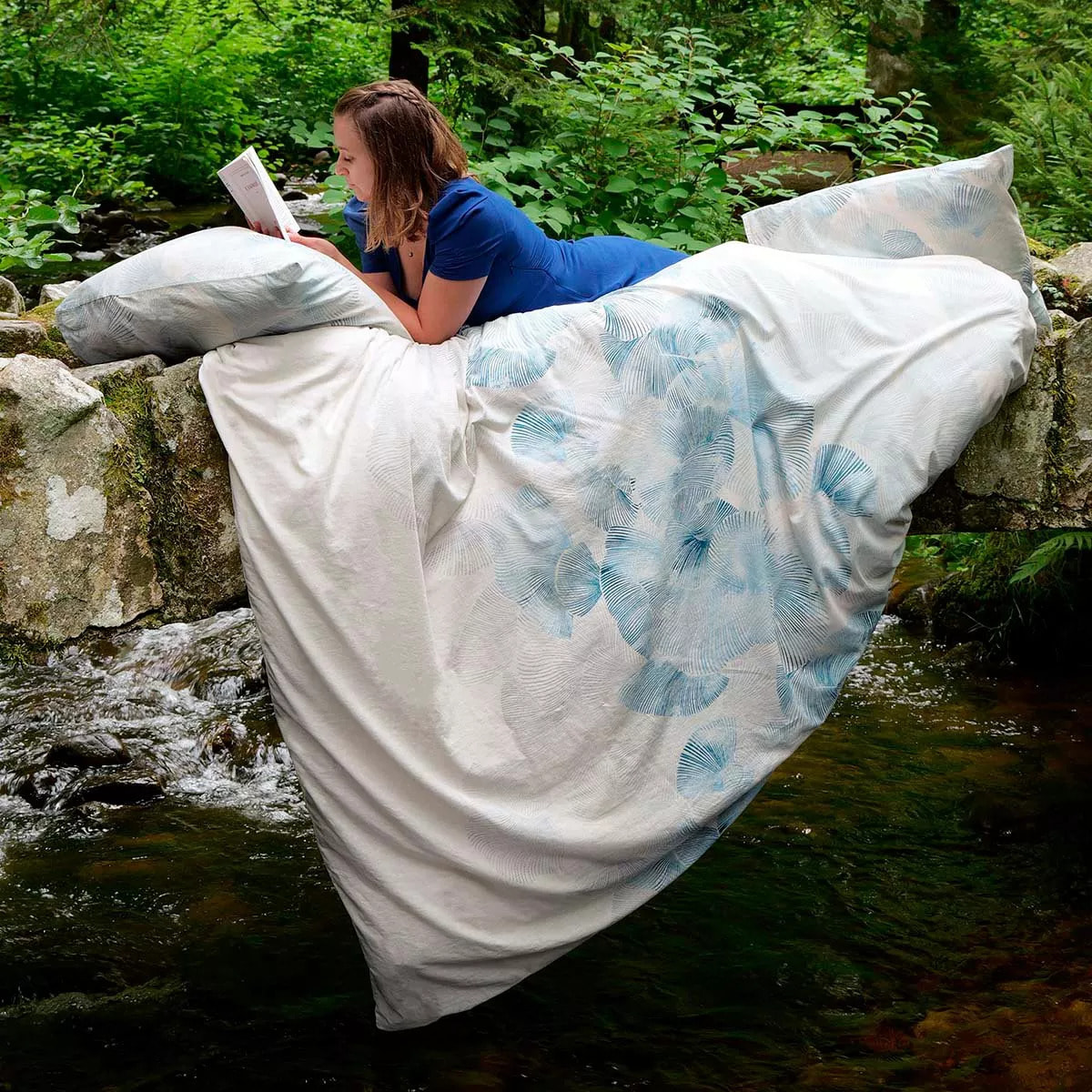 Housse de couette lin & coton lavé 130 g/m² imprimé bleu beige Vagues indigo