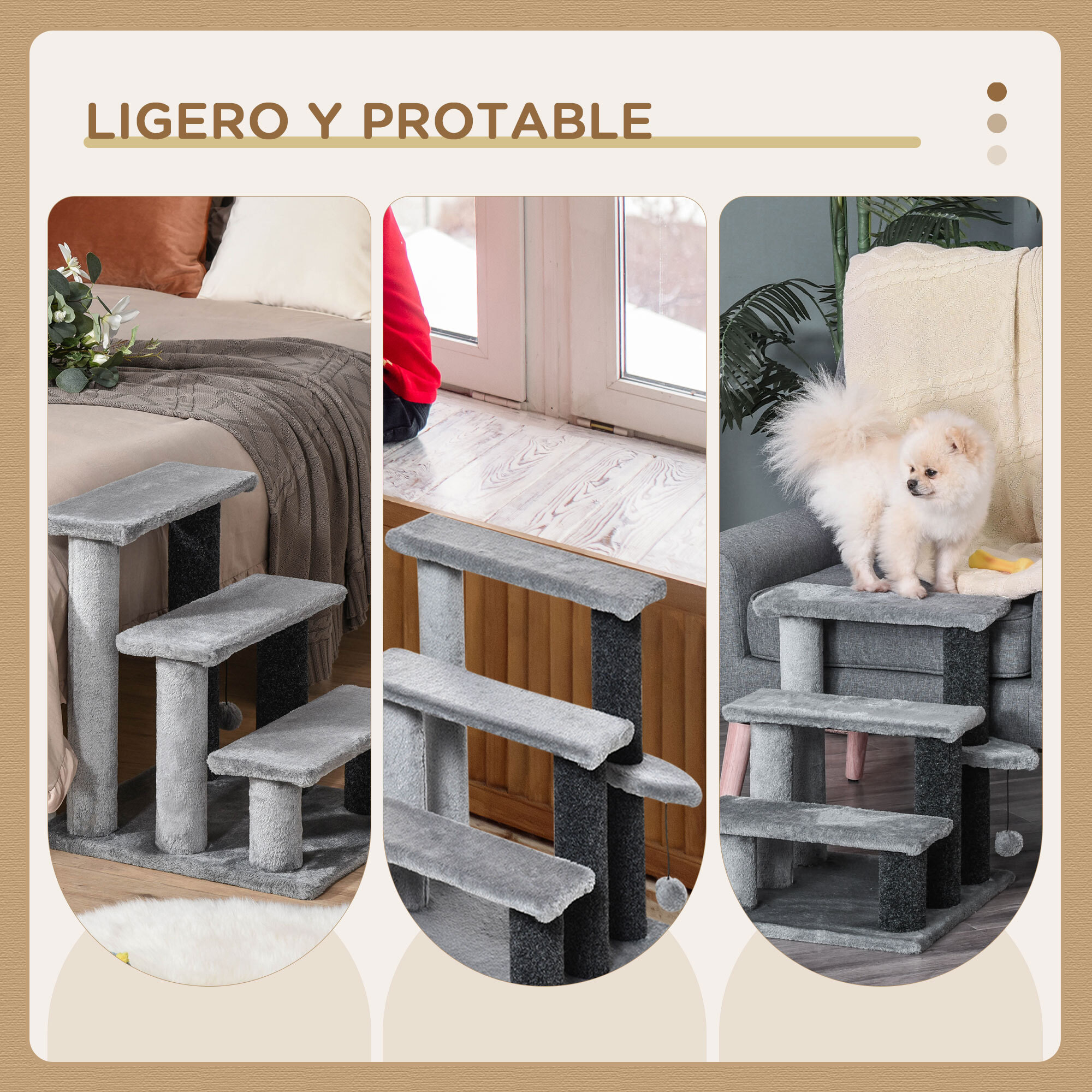 Escaleras para Gatos de 3 Escalones Escaleras para Mascotas Árbol Rascador para Gatos Pequeño con Poste Rascador Bola Colgante 45x40x48 cm Gris