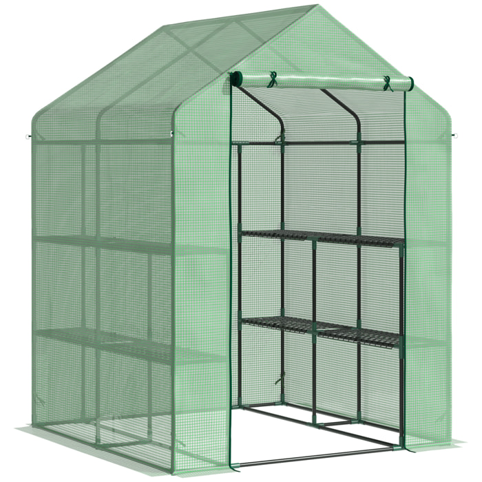 Invernadero de Jardín Tipo Caseta Vivero Casero de Acero con 2 Niveles 4 Estantes y Puerta Enrollable para Cultivos Plantas Macetas Flores 143x138x190 cm Verde
