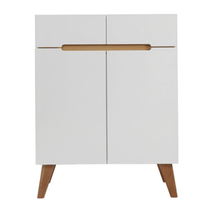 Buffet scandinave blanc laqué brillant et finition bois clair 2 portes 2 tiroirs L80 cm MELKA