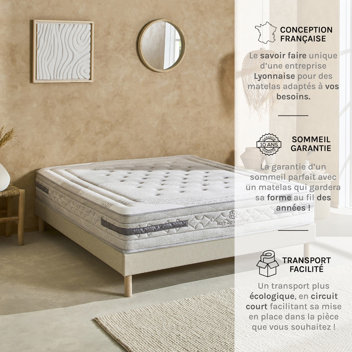 Matelas Hybride Sérénade, Soutien ferme, 26 cm, Ressorts Ensachés & Latex Naturel, Mousse Haute Densité