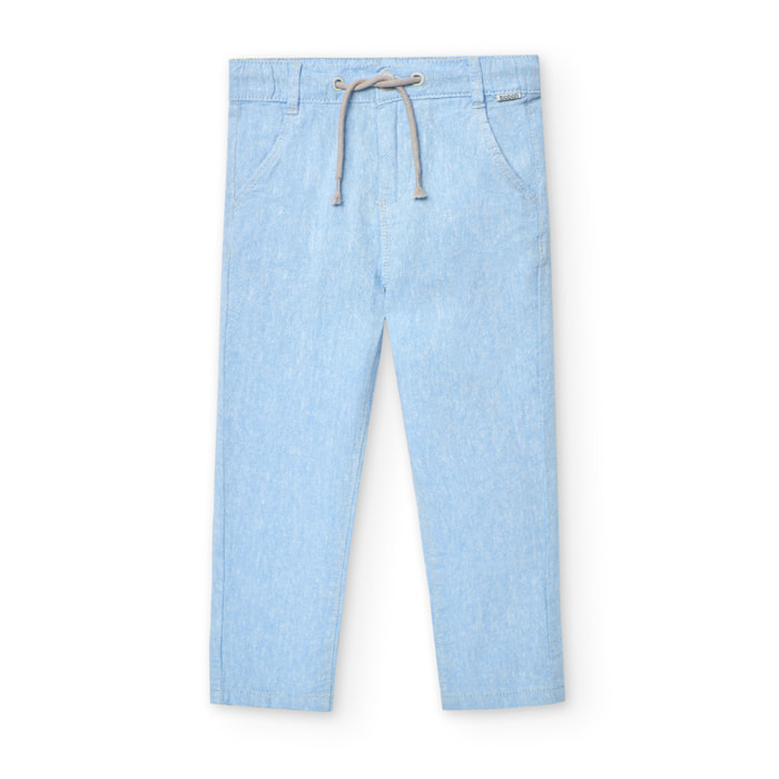 Pantalón de lino niño liso, azul celeste, cierre de botón