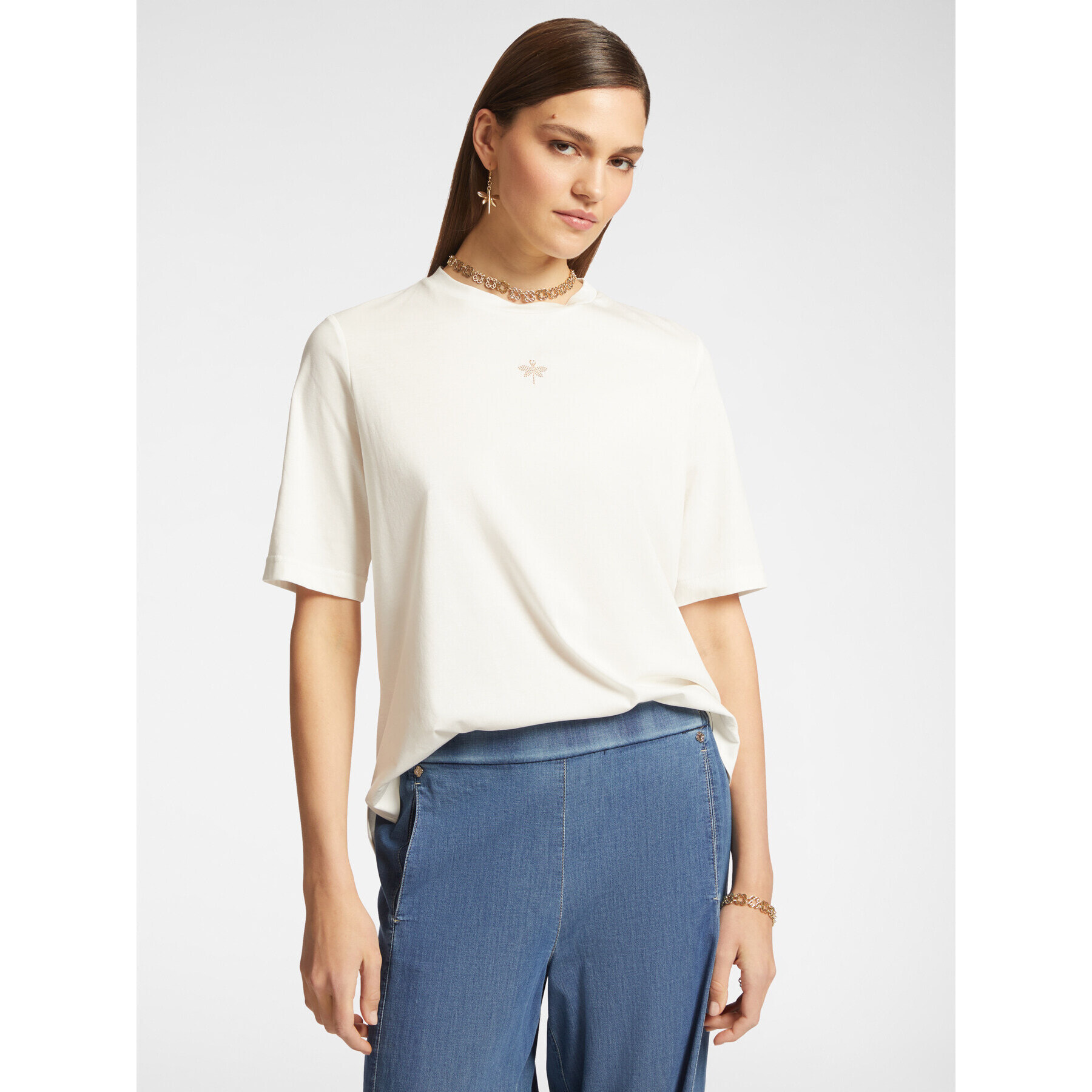 Elena Mirò - Camiseta con pequeña libélula de strass - Blanco