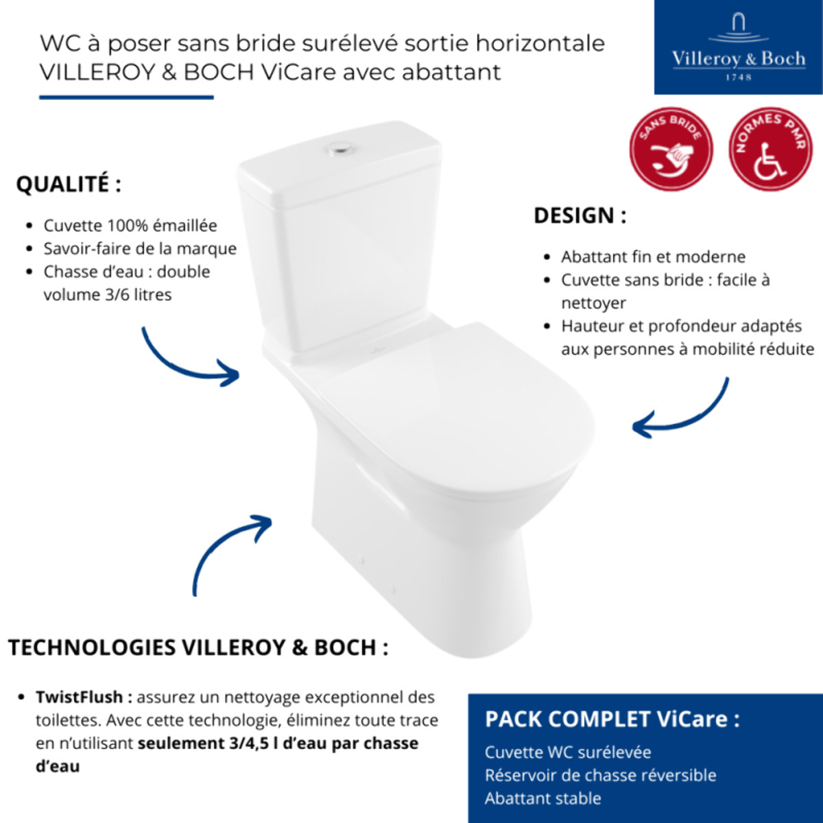 WC à poser sans bride surélevé sortie horizontale VILLEROY & BOCH ViCare avec abattant