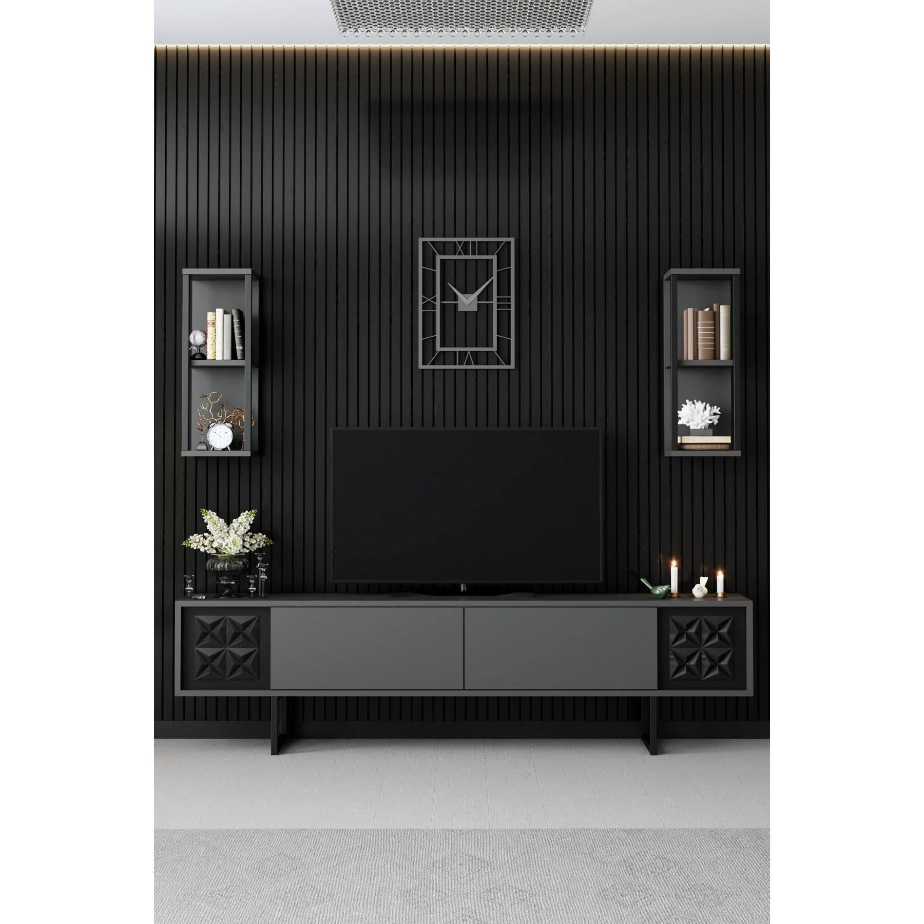 Mobile porta TV Dmiggian, Credenza da soggiorno, Armadio basso per TV, Base parete attrezzata, 180x30h48 cm, Antracite e Nero