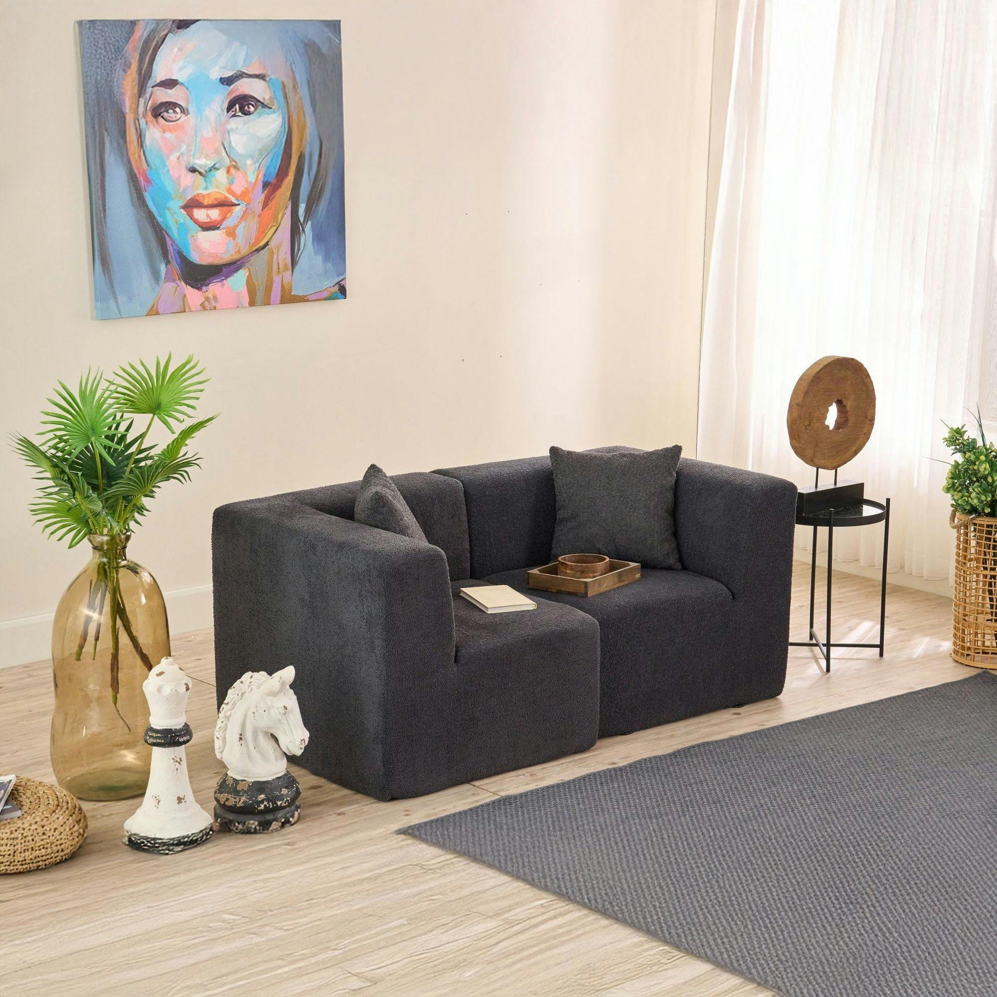 Canapé 2 places compact anthracite tissu chenille PLOVIA