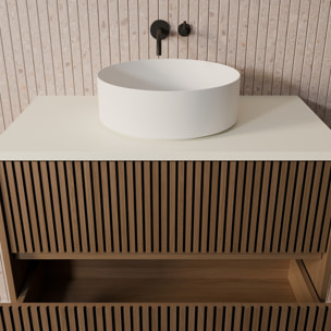 Meuble Salle de Bains 60 2 Tiroirs Décor Chêne et Noir - Vasque et Plan Blancs - Miroir LED 60