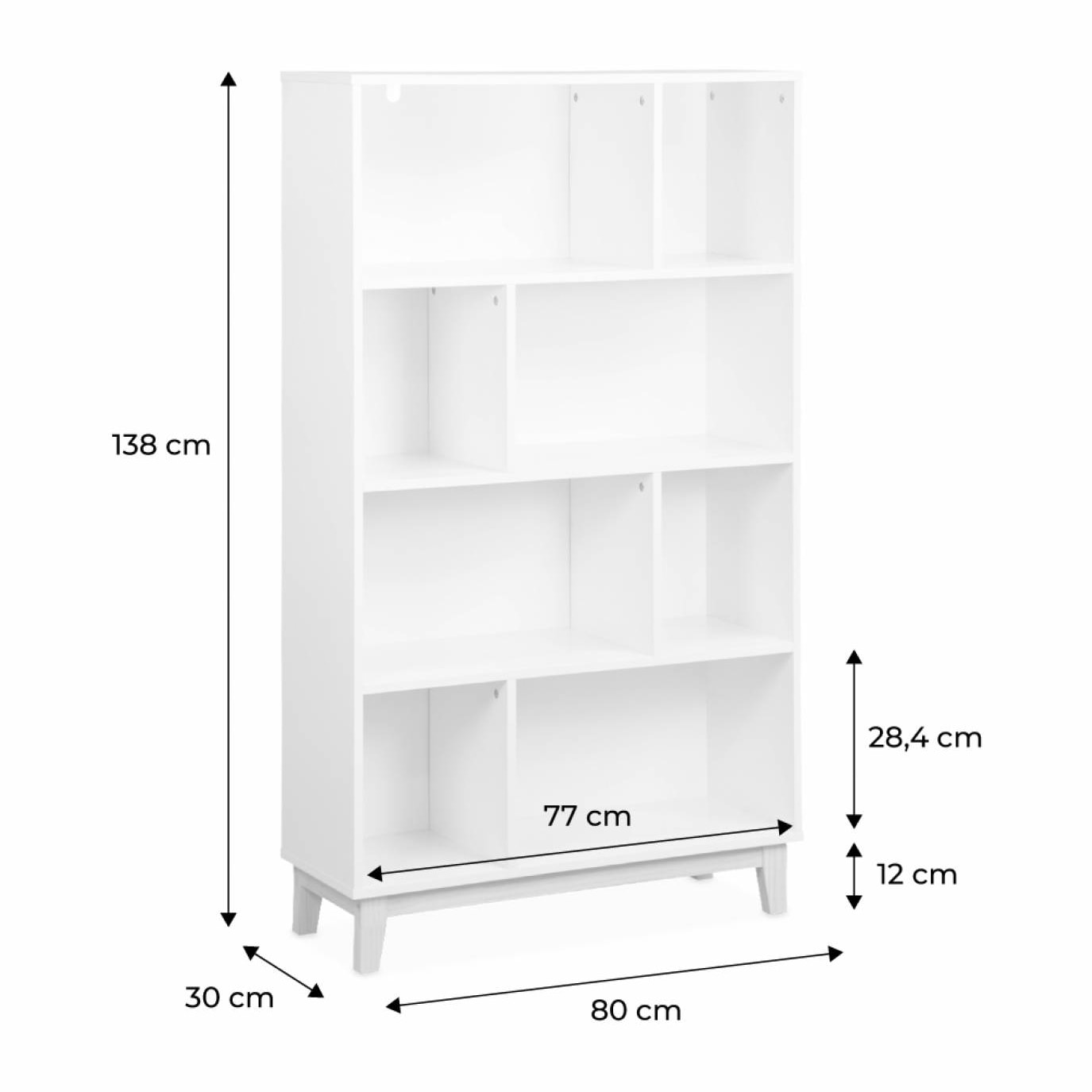 Bibliothèque scandinave blanche. étagère asymétrique - Floki - pieds en bois de sapin. 4 étagères. 8 compartiments. 80x30x138cm