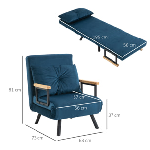 Sofá Cama Individual Plegable Silla Cama Convertible 3 en 1 con Respaldo Ajustable de 5 Niveles y Almohada Acolchada para Oficina Dormitorio Salón Carga 120 kg 63x73x81 cm Azul