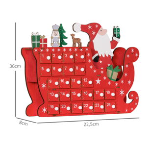 Calendrier de l'Avent en bois traineau - 24 tiroirs - décoration de Noël - blanc rouge
