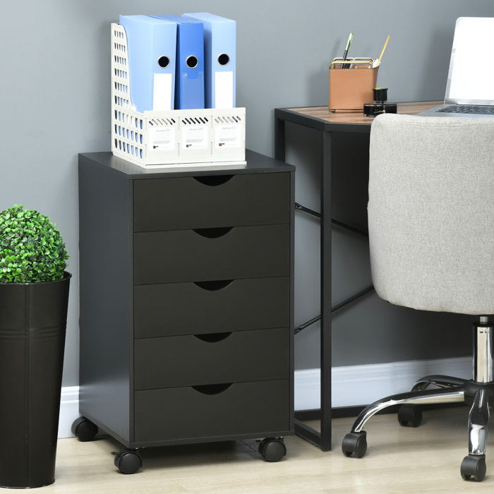 Cajonera Escritorio con Ruedas, Cajonera Oficina con 5 Cajones, Archivador Móvil, para Estudio, Salón, 40x40x67 cm, Negro