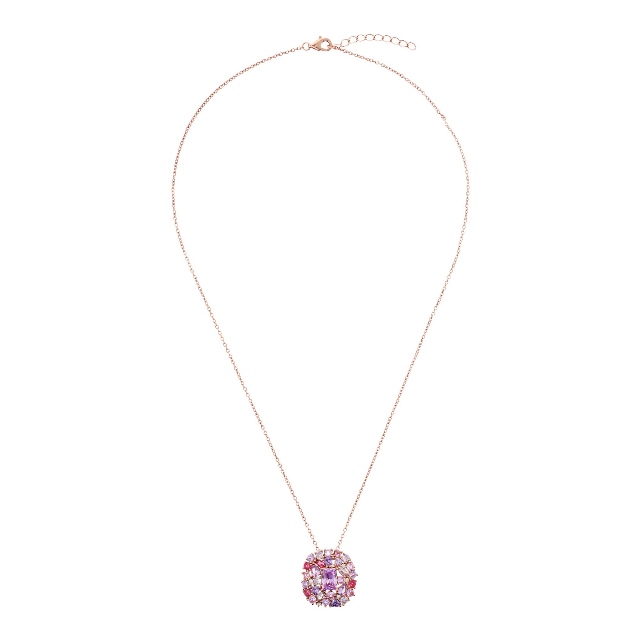 Collana Catena Rolo in Argento 925 con Pendente in Pavé Misto di Cubic Zirconia Rosa e Viola Effetto Degradé