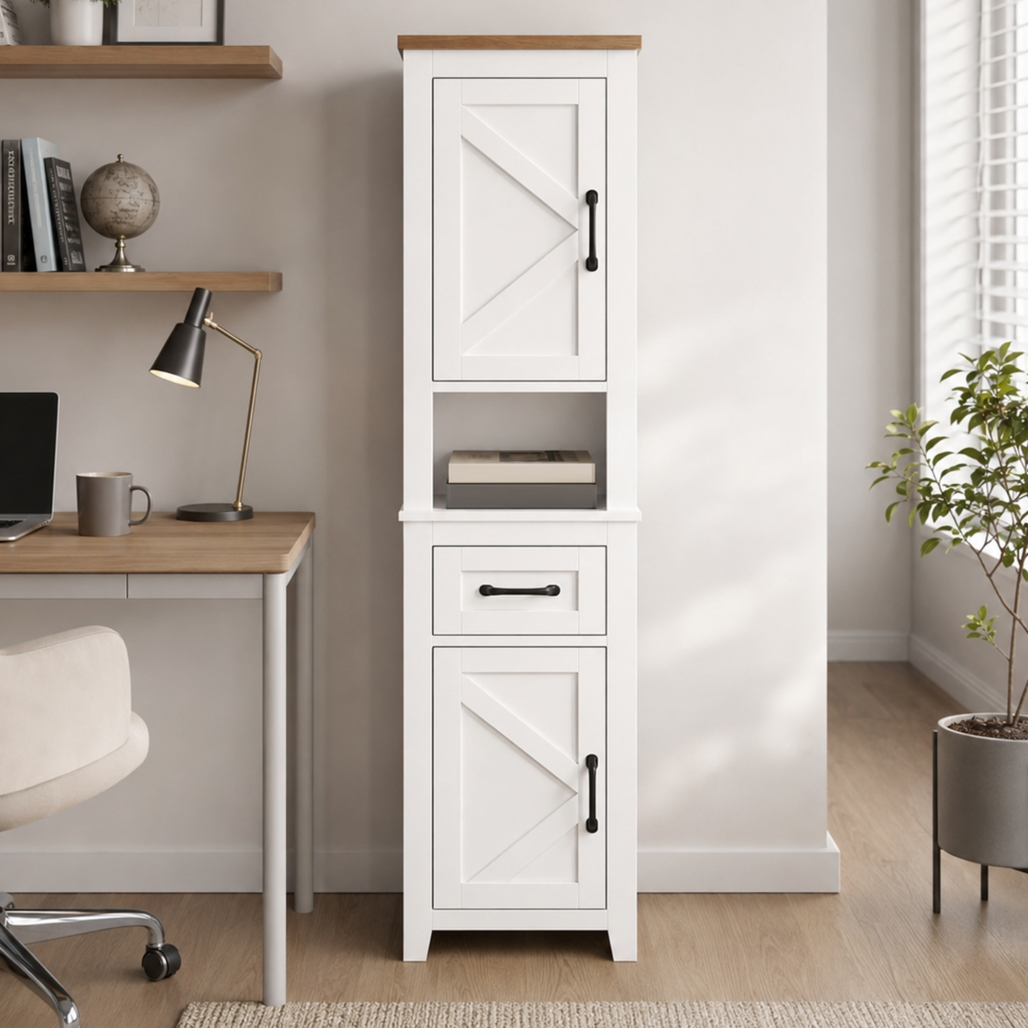 HOMCOM Armario de Baño Alto, Mueble de Baño Estrecho con Cajón, Estante Abierto, Puertas y Estantes Ajustables, Estilo Rústico, 34,5x30x148 cm, Blanco