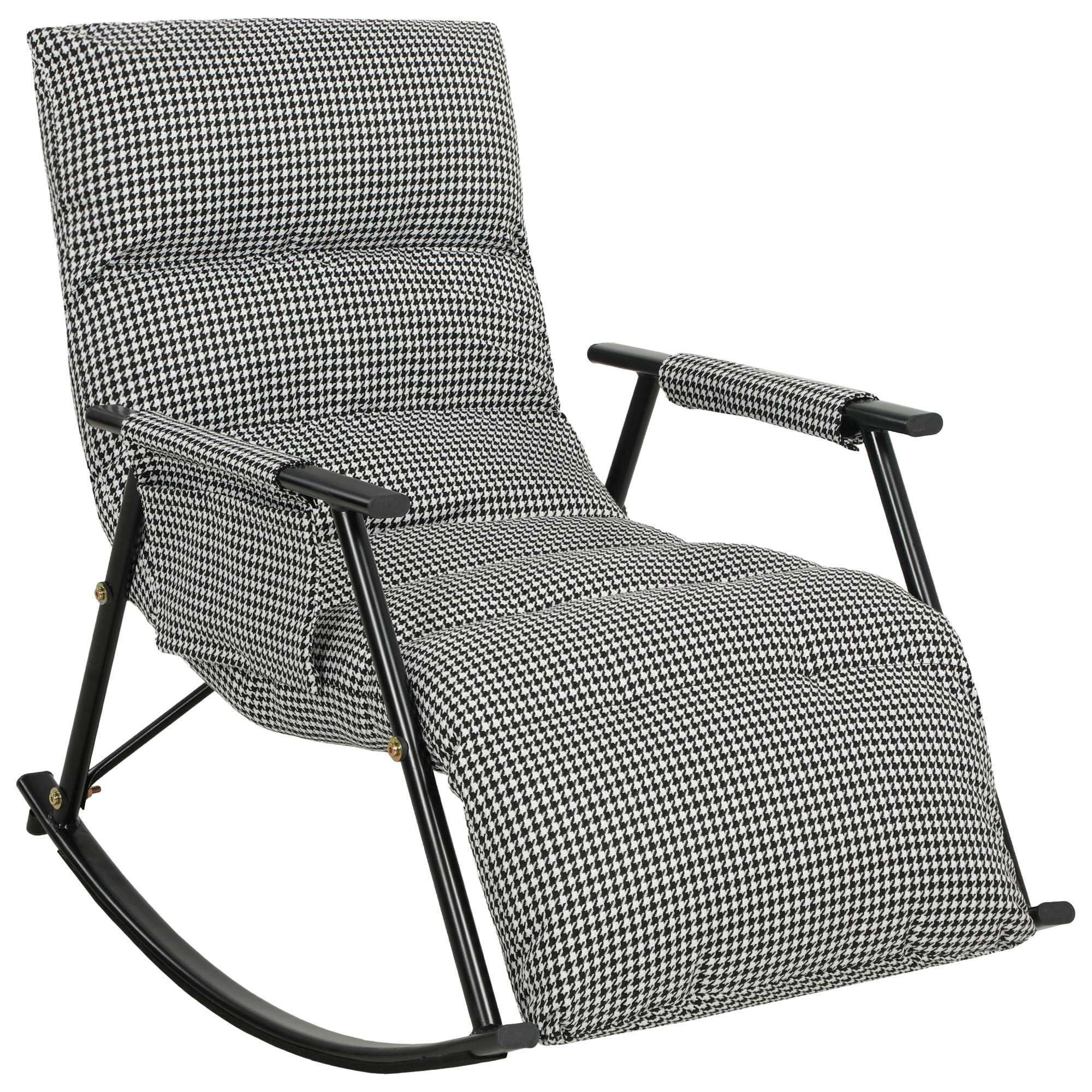 Silla Mecedora con Respaldo y Reposapiés Ajustables, Mecedora Sillón Balancín 105°, Tapizada en Lino, con Bolsillo Lateral y Marco de Metal, Carga 120 kg, para Dormitorio, Salón, Negro y Blanco