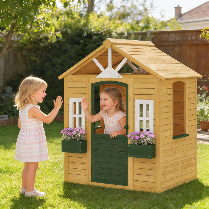Casita Infantil Exterior e Interior de Madera, Casita Infantil con 2 Maceteros, 3 Ventanas, Media Puerta, Casa de Jardín para Niños de 3-8 Años, Marrón