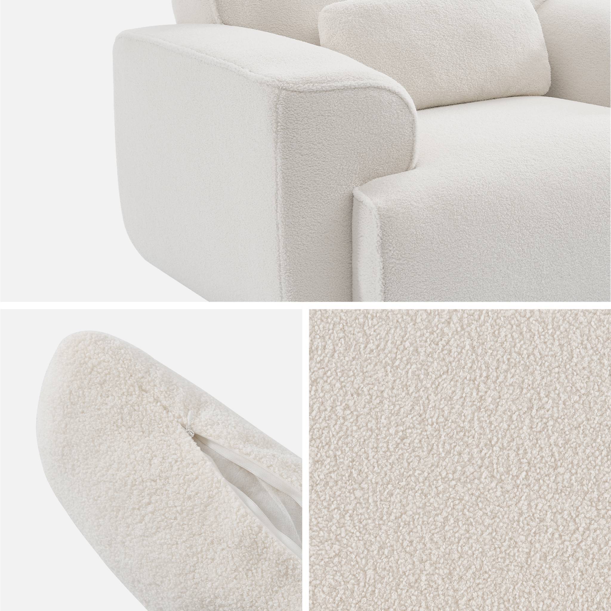 Fauteuil tissu bouclette blanche. lignes arrondis. coussin fourni. Wallas. L 116 x P 97 x H 73cm