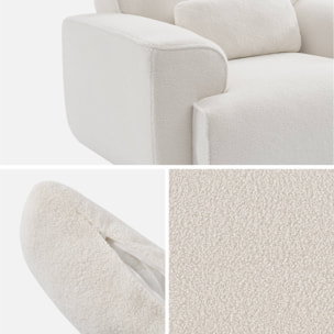 Fauteuil tissu bouclette blanche. lignes arrondis. coussin fourni. Wallas. L 116 x P 97 x H 73cm