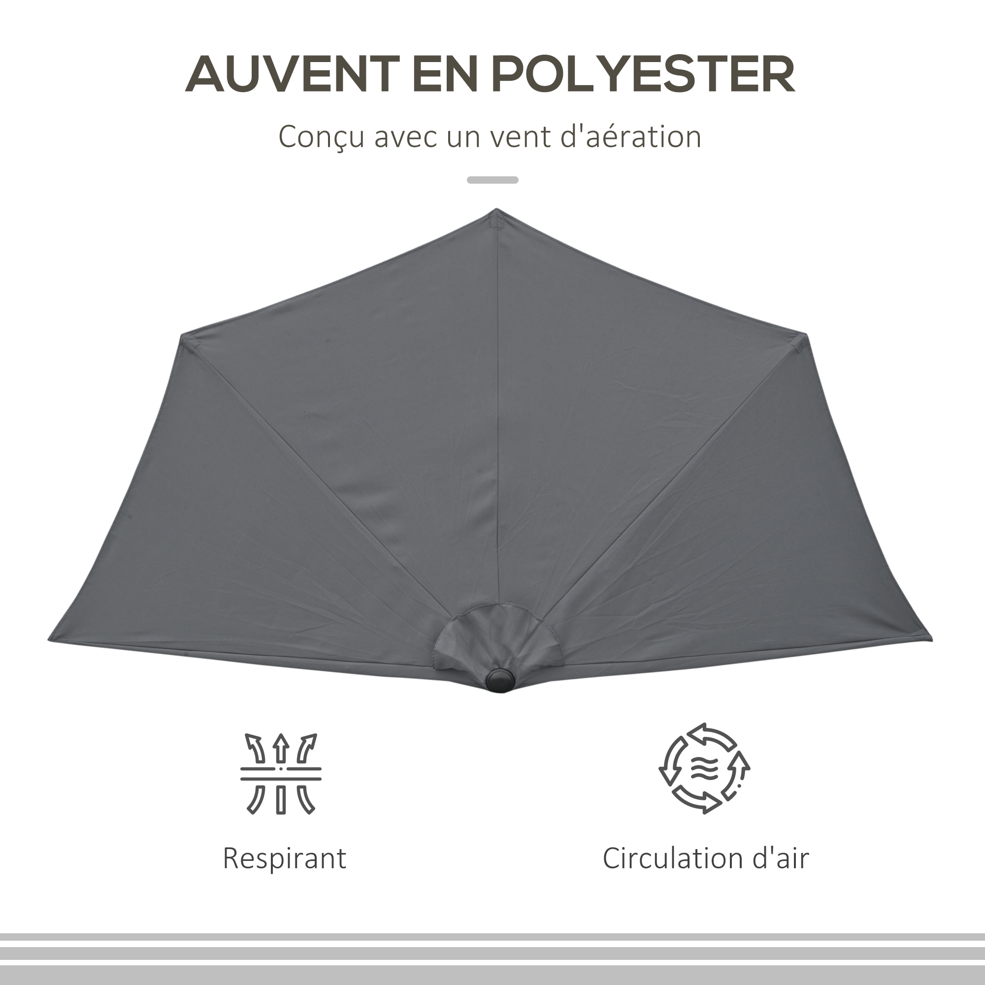 Demi parasol - parasol de balcon 5 entretoises métal - 2,93 x 1,5 x 2,49 m - polyester haute densité gris