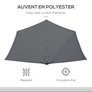 Demi parasol - parasol de balcon 5 entretoises métal - 2,93 x 1,5 x 2,49 m - polyester haute densité gris