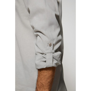 Camisa gris de lino y algodón regular fit con logo bordado