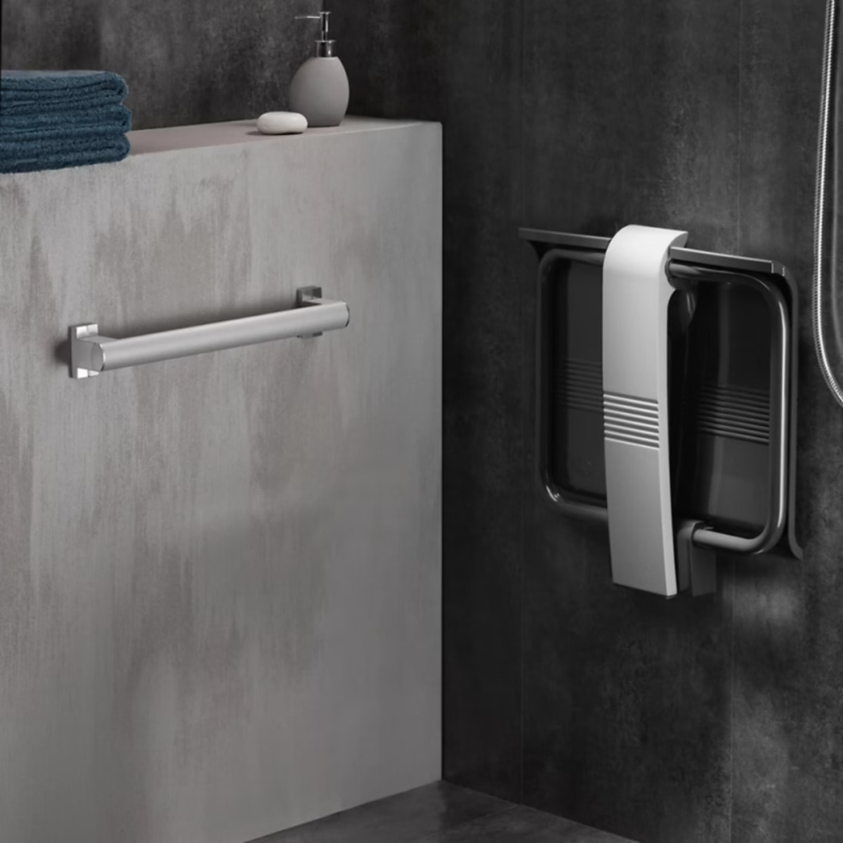 Siège de douche PMR PELLET Design escamotable gris anthracite piètement aluminium époxy gris