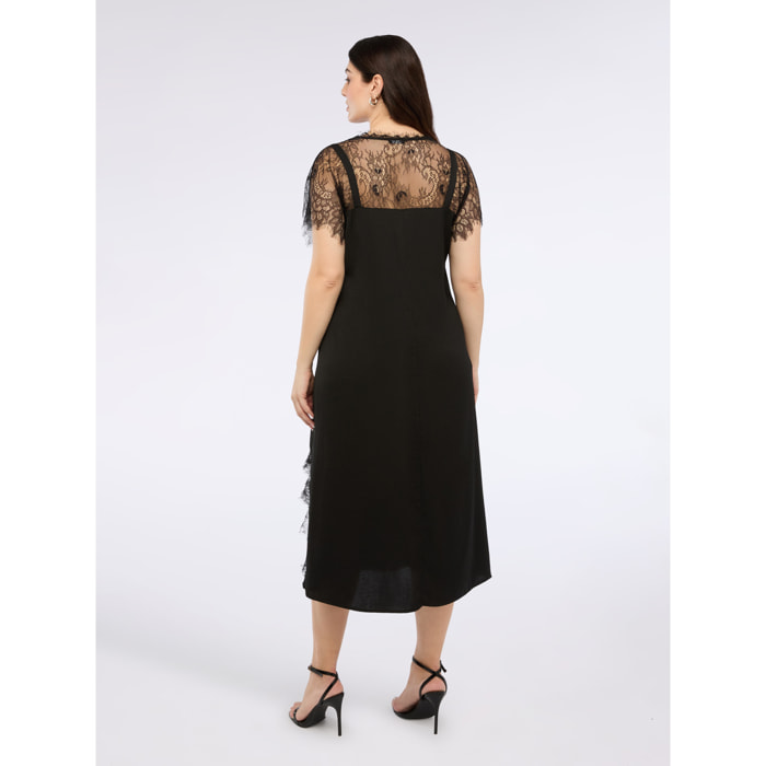 Fiorella Rubino - Slip dress in raso con inserti in pizzo - Nero
