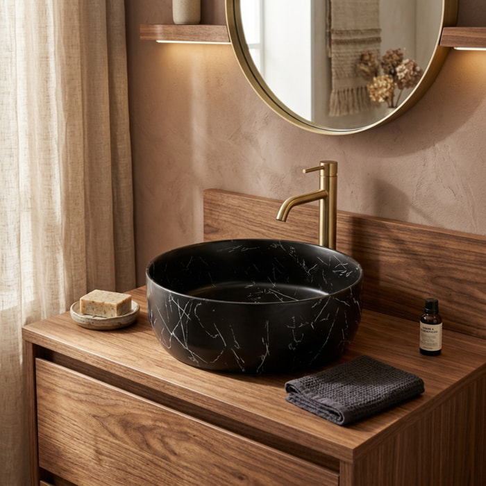 Vasque à poser ronde en céramique diamètre 39 cm - effet marbre noir mat - sans trop-plein - SAT Infinitio