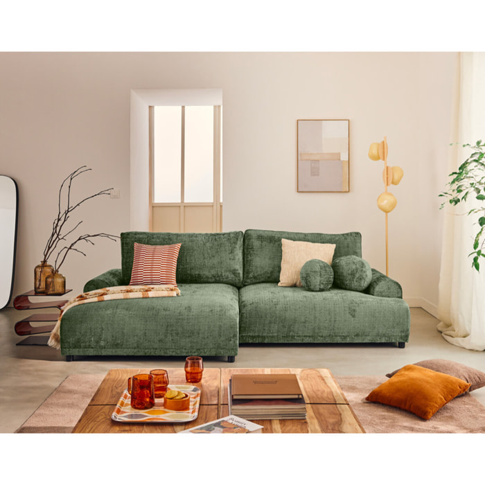 Nelly - canapé d'angle gauche 4 places convertible avec coffre en velours texturé - Vert sauge