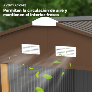 Caseta de Jardín Exterior, 12,4 m² 340x386x200 cm Cobertizo de Jardín Exterior Metálico con Puerta Corredera Base Refuerzo (Suelo NO Incluido) y Ventanas Ocre Oscuro