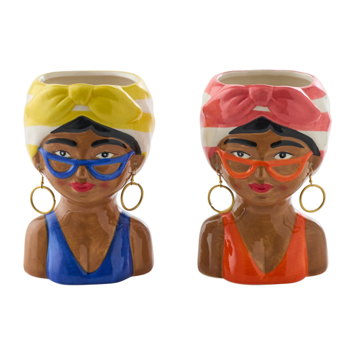 J-Line Cache-pot Dame Fruit - céramique - multicolore - small - 2 pièces