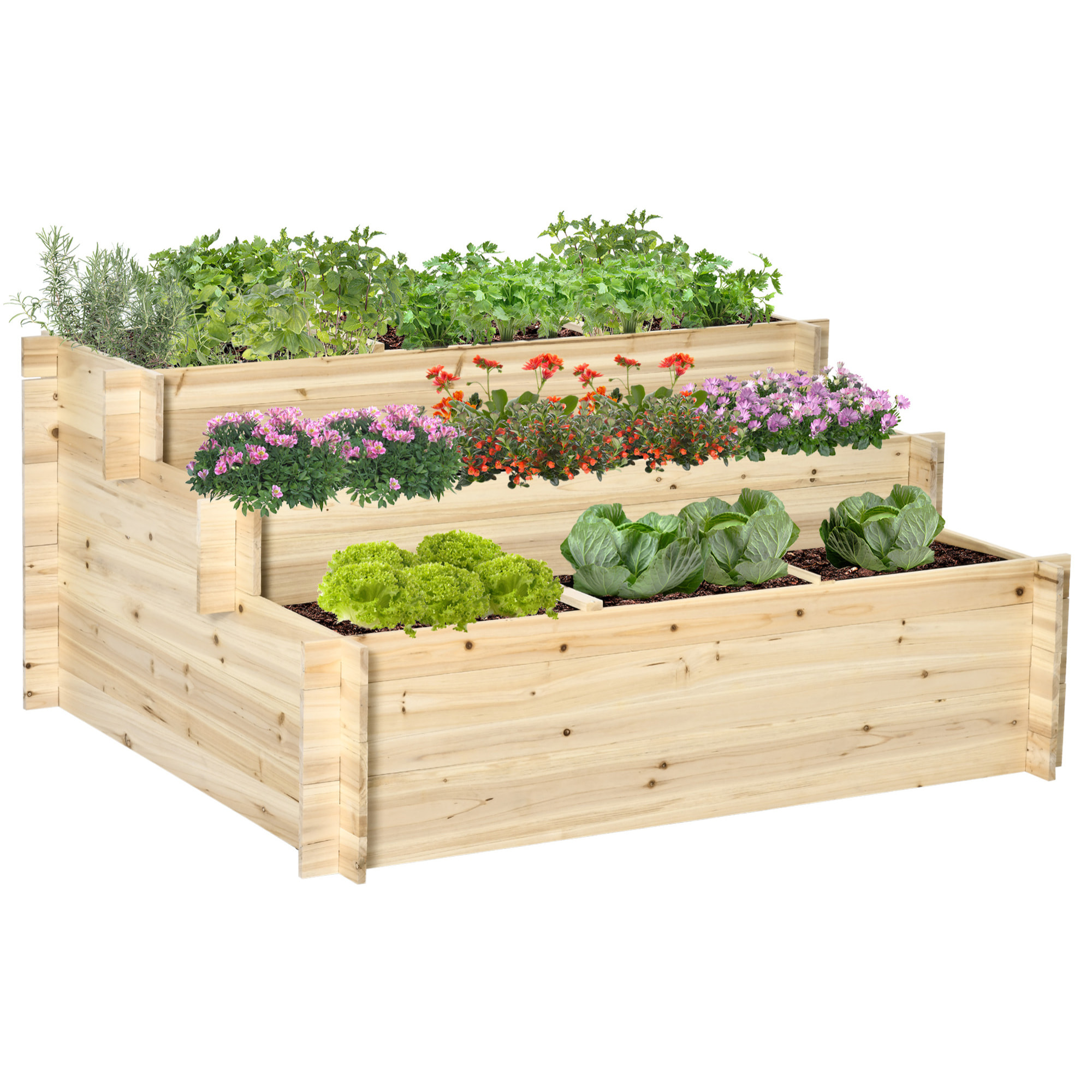 Jardinera de Madera de 3 Niveles Escaleras de Huerto Urbano con Tela Geotextil para Cultivos Plantas Flores para Jardín Terraza Exterior 117x100x54 cm Natural