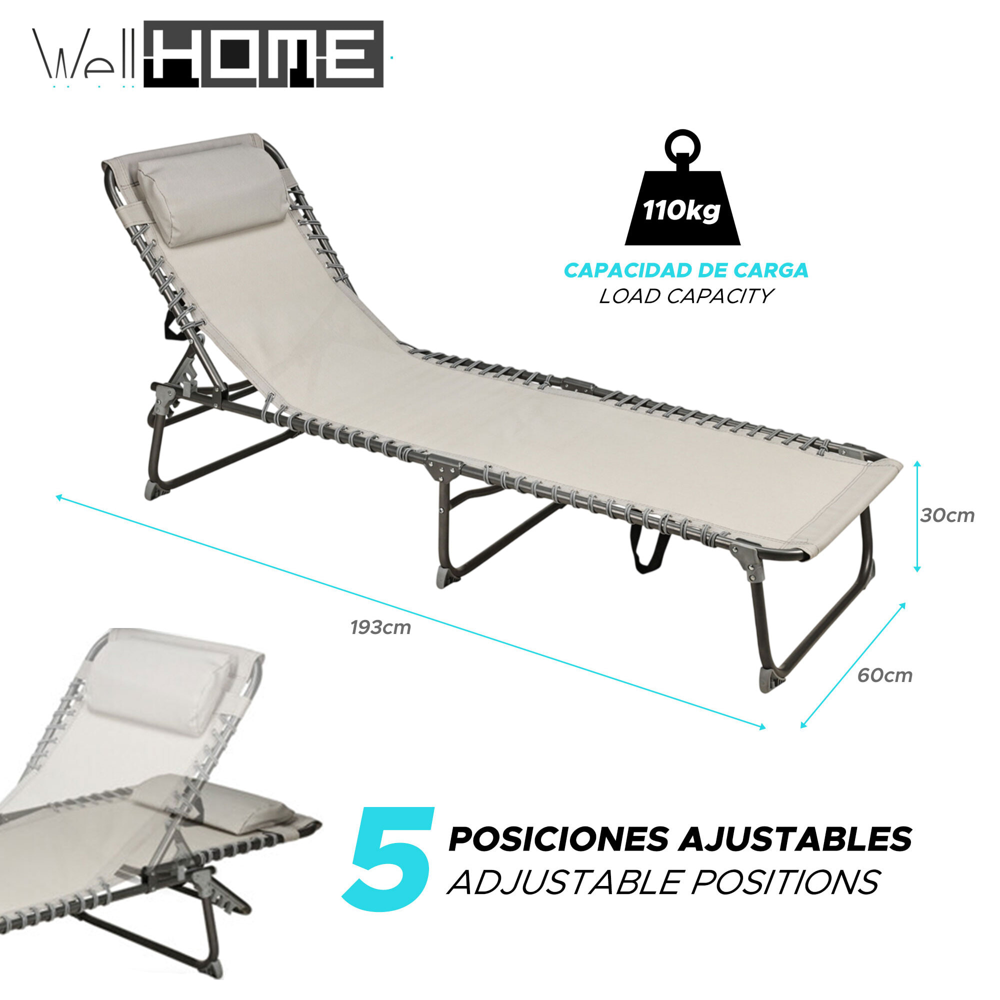 Well Home Tumbona de camping 193x60x30cm Acero gris oscuro / beige hasta 110kg