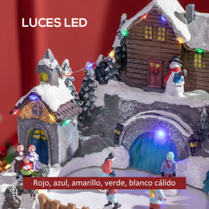 HOMCOM Pueblo Navideño Escena Navideña Iluminado con Luces LED Árbol Giratorio y Pista de Patinaje Decoración Navideña sobre Mesa 32x25,5x24 cm Multicolor