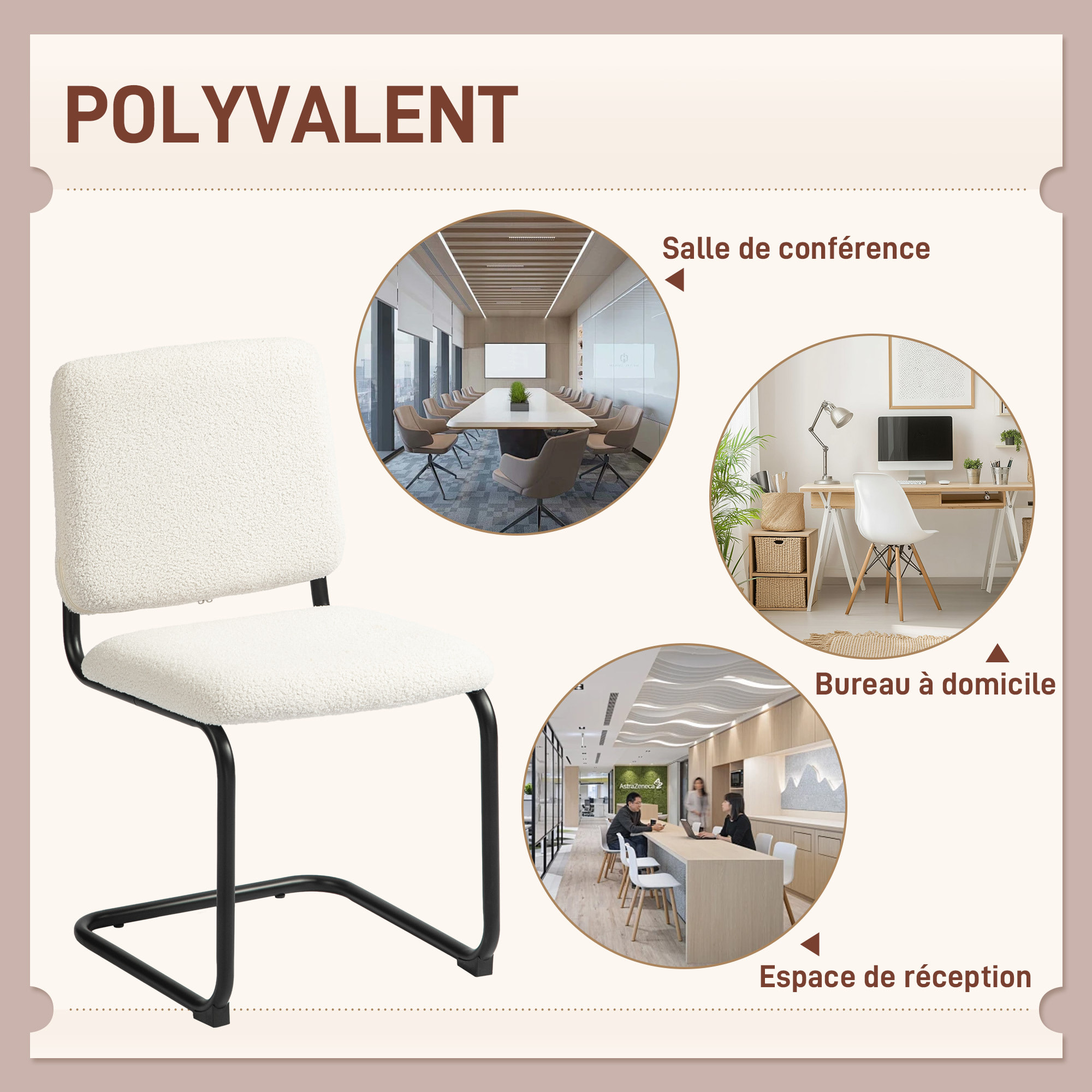 Chaise design cantilever - chaise visiteur - métal noir effet laine bouclée blanc crème